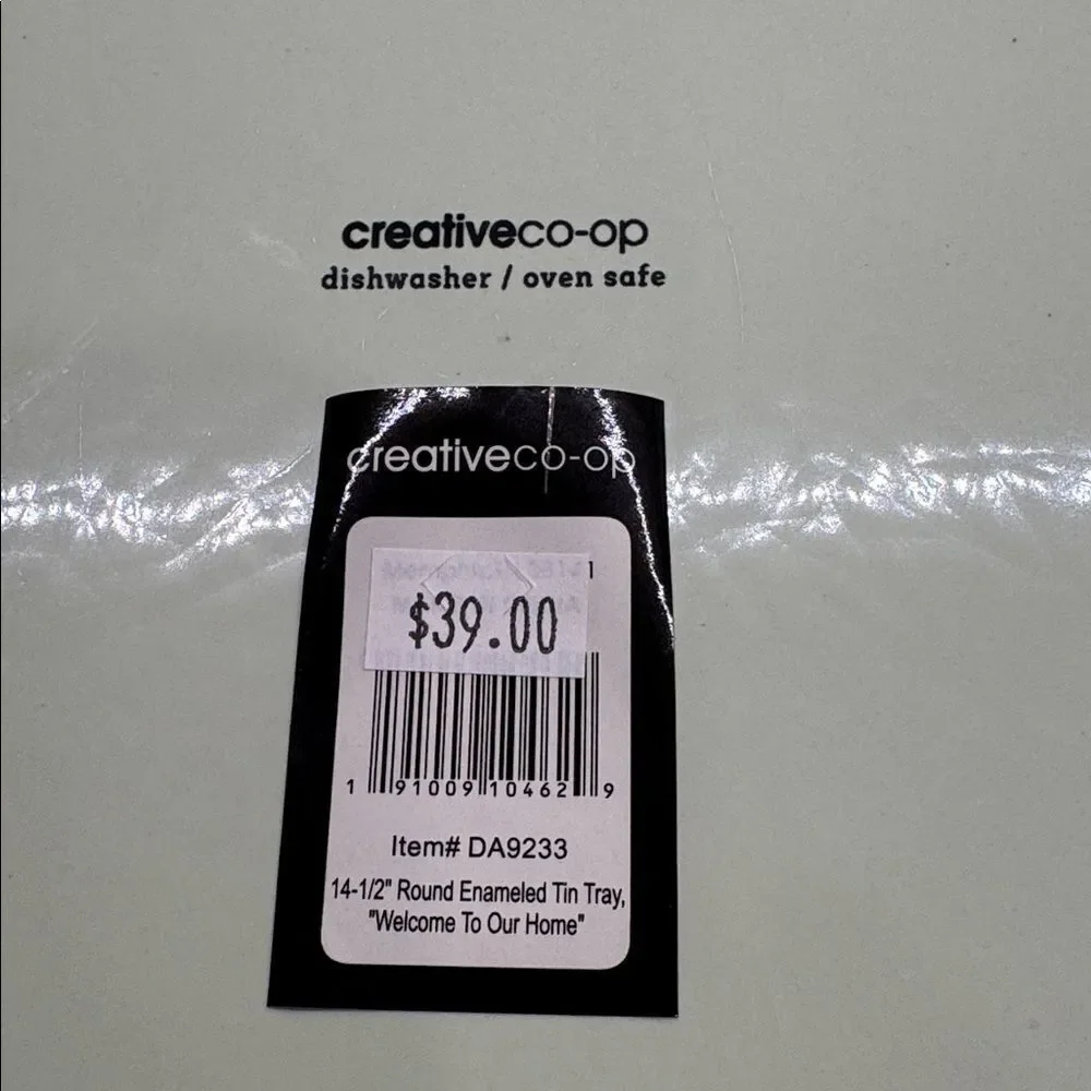 Creative Co-Op Round Enamel Tin Tray Mint Green Welcome to our home 14.5” NWT